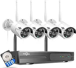 Hiseeu wireless security camera system with 1TB hard disk, one-way audio, 10-channel NVR 4 pieces of 1296p 3MP night vision WiFi security surveillance camera DC power supply outdoors